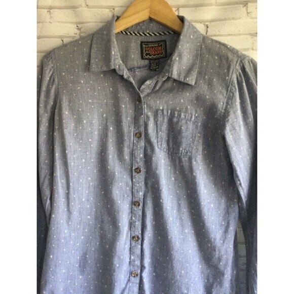 Volcolm Jeans Light Blue White Speckle Polka Dot Pocket Button Down Top Sz Small - Picture 5 of 5